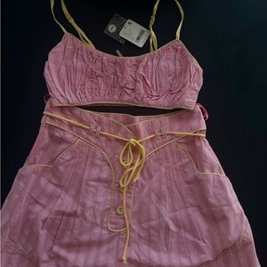 Pink Two-Piece Crop Top & Shorts Set with Yellow Trim